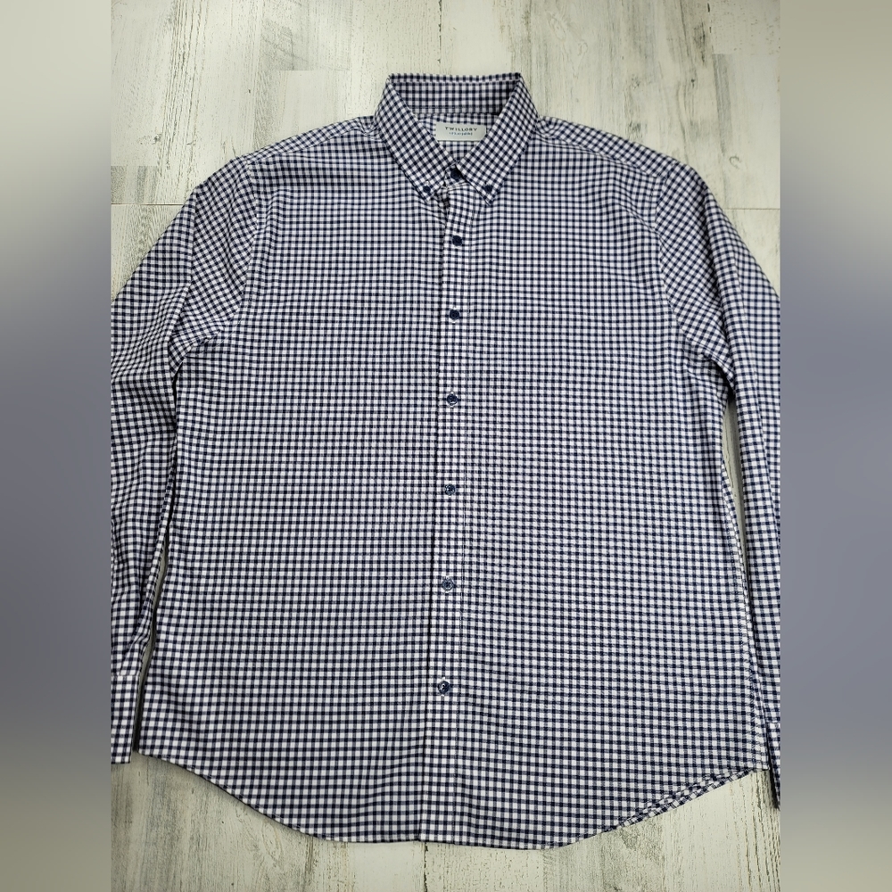 Twillory Untuckable Tailored Fit Button Down Blue Plaid Dress Shirt Men's Size L